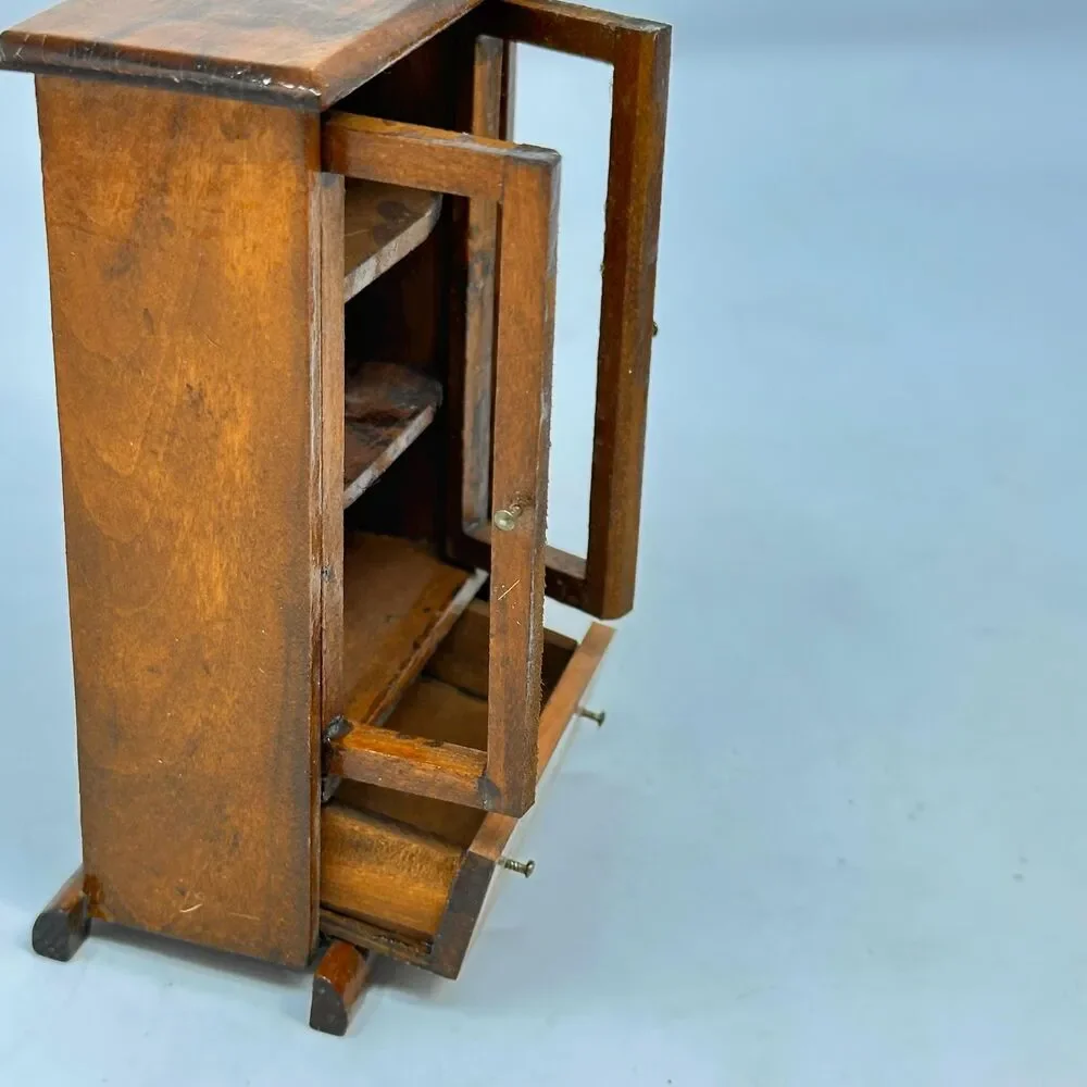Vintage Miniature Wooden Cabinet Dollhouse Glass Door Hutch Display Case Drawer